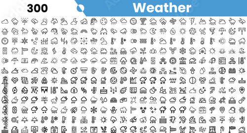 A diverse collection of weather-related icons, featuring various weather phenomena and symbols in a monochrome style.
