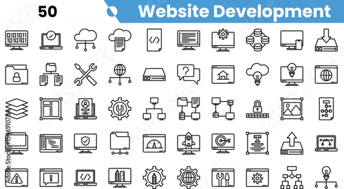 Set of website development icons depicting tools, cloud services, and coding symbols in a sleek design.