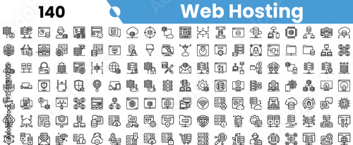 A detailed collection of web hosting icons, showcasing various elements of digital infrastructure.