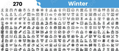 A diverse collection of winter-themed icons featuring snowflakes, gifts, and cozy elements in a minimalist design.