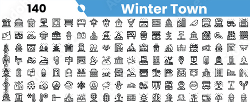A collection of winter-themed icons representing a cozy winter town, featuring houses, trees, and seasonal d�cor in a minimalist design.