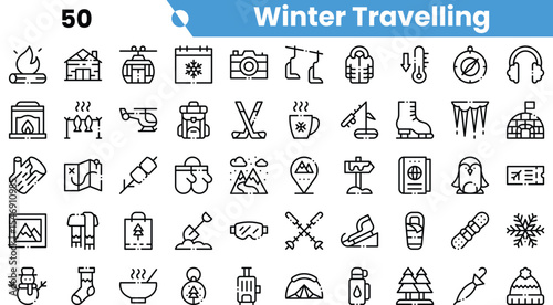 A diverse collection of winter travel icons, featuring activities and gear like skiing, snowboarding, and cozy fires, all in a minimalistic design.