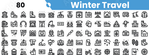 A collection of winter travel icons featuring various activities and scenes including snowboarding, cozy cabins, and winter landscapes.