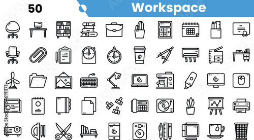 A diverse collection of workspace icons, featuring office furniture, stationery, and organizational tools, illustrating a productive environment.