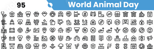 A diverse collection of black and white icons celebrating World Animal Day, featuring various animals, paw prints, and nature symbols.