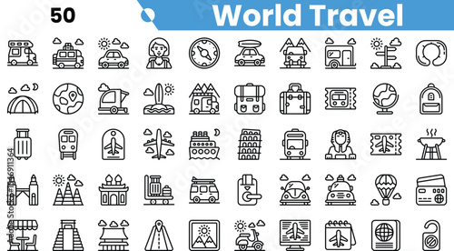 A diverse collection of travel icons showcasing various modes of transportation and landmarks in a minimalistic style.