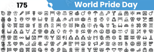A vibrant and diverse collection of icons celebrating World Pride Day, showcasing symbols of love, equality, and community unity.