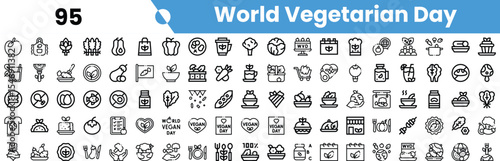 A vibrant collection of icons celebrating World Vegetarian Day, featuring diverse plant-based foods, cooking tools, and sustainable living symbols.