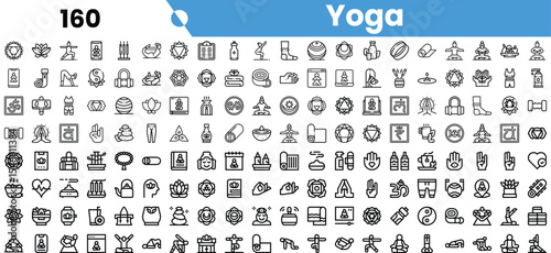 A diverse range of yoga-themed icons featuring symbols of meditation, wellness, and fitness.