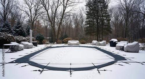 Winter slumber: Snow-covered pool and patio furniture await warmer days ahead