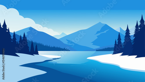 Serene Winter Landscape Majestic Mountains, Frozen River, and Snow-Covered Shores