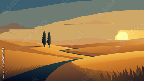 Tuscan Sunset Rolling Hills, Cypress Trees, and Serene Landscape Illustration