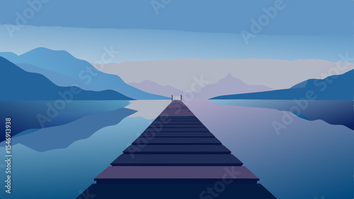 Serene Lakeside Pier A Minimalist Mountain Lake Illustration