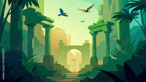 Enigmatic Jungle Ruins Ancient Pillars and Avian Flight