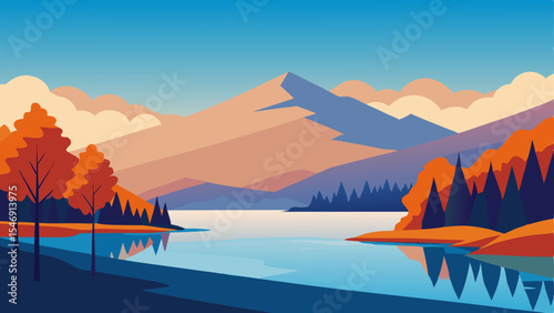 Serene Autumn Mountain Lake A picturesque landscape illustration featuring vibrant fall foliage, tranquil waters, and majestic mountains.