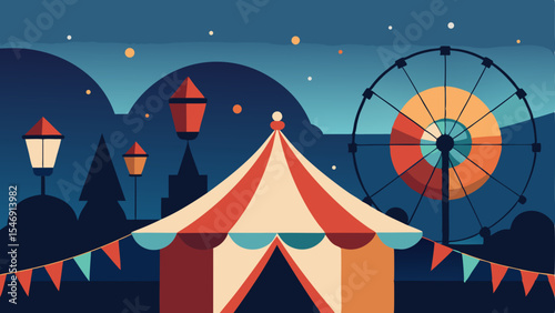 Nighttime Carnival Fun Ferris Wheel, Circus Tent, and Festive Lights