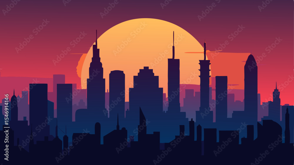 Fototapeta premium Sunset Cityscape Urban Silhouette at Dusk, Vibrant Colors, Minimalist Design