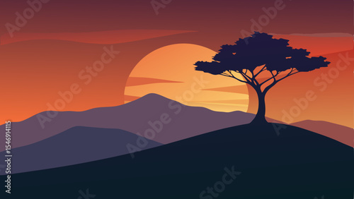 Serene Sunset Landscape Silhouette Tree on Hilltop, Majestic Mountains and Vibrant Sky