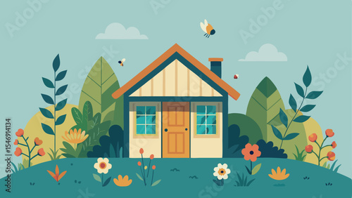 Charming Cottage Spring House Illustration A Peaceful Home in Blooming Nature