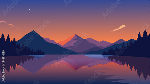 Serene Sunset Mountain Lake Reflection in Vibrant Hues