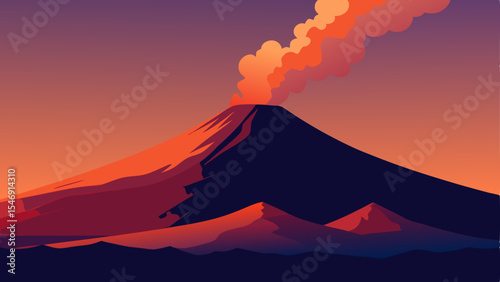 Majestic Volcanic Sunset Eruption and Fiery Sky Landscape Illustration