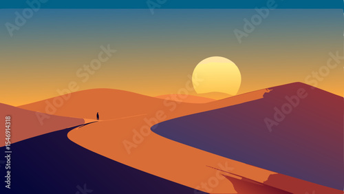 Sunset Desert Landscape A Solitary Figure on a Winding Dune Path