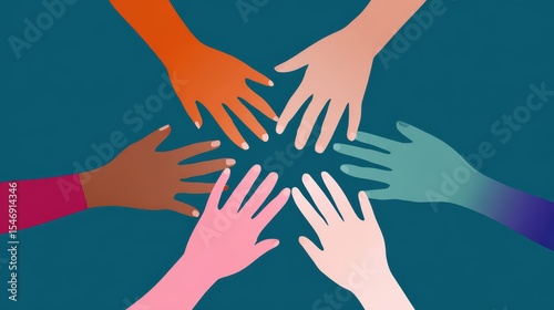 Unity and diversity concept with six hands reaching together in harmony