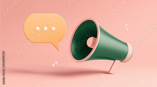 Communication concept with dark green megaphone on soft pink background