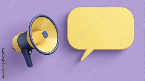 Expressive communication concept with navy blue megaphone and yellow speech bubble on lavender background