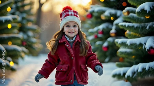 Child in a red winter coat and hat walks next to decorated Christmas trees in the snow, capturing a festive, magical moment of the holiday