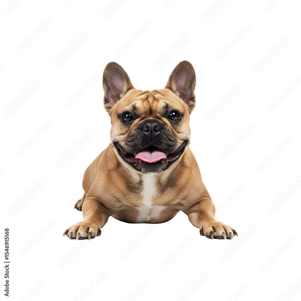 French Bulldog Sitting with Tongue Out Looking Forward on White Background French Bulldog Sitting with Tongue Out Looking Forward on White Background