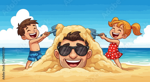 Father's day family beach vacation fun building sandcastles with kids summer holiday travel and tourism concept illustration vector