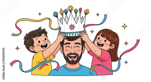 Father's day happy father's day celebration with kids putting crown on dad's head vector illustration design art drawing vector