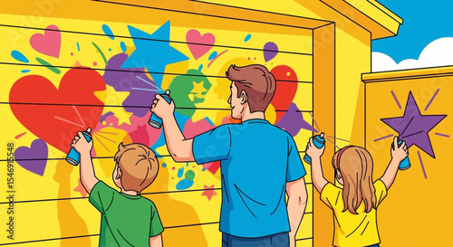 Father's day family fun graffiti art project with kids using spray paint on wall creating colorful hearts and stars design vector