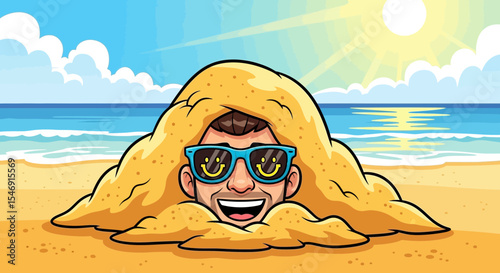 Father's day cartoon man buried in sand at beach with sunglasses summer vacation fun travel destination holiday relax 100 vector