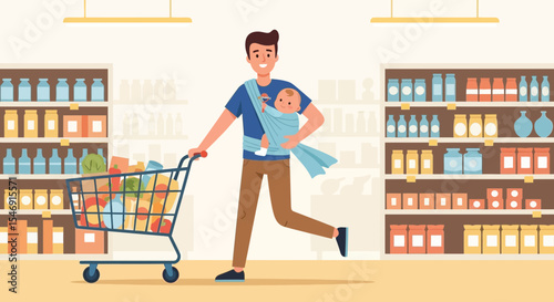 Father's day father with baby in carrier doing grocery shopping at supermarket pushing shopping cart full of food items vector