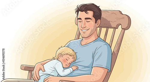 Father's day fatherhood moment: loving dad rocking baby to sleep in chair, father and child bonding illustration vector
