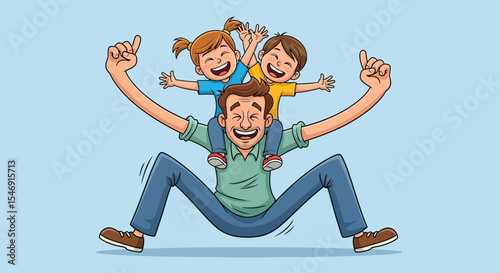 Father's day happy father with children on shoulders having fun family time cartoon illustration vector design art vector