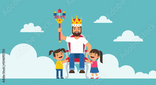 Father's day happy father's day illustration with dad on throne and daughters celebrating fathers day holiday event vector