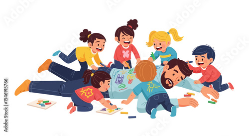 Father's day happy father's day vector illustration with children drawing on dad lying down on the floor together art vector