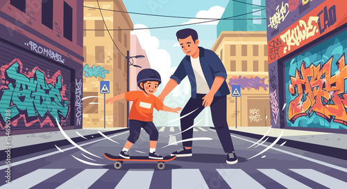 Father's day father teaching son skateboarding in urban street with graffiti art and pedestrian crossing safety first vector