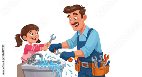 Father's day cartoon plumber fixing sink with daughter, plumbing services, repair, family, water leak, home improvement vector