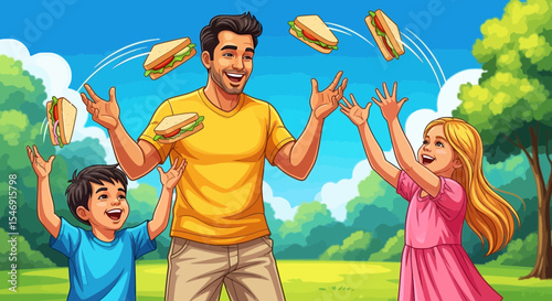 Father's day happy family playing with sandwiches in the park having fun together healthy food outdoor activity joy 100 vector