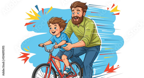Father's day father teaching son to ride bike illustration, family time, learning to cycle, childhood memories vector vector