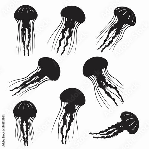 Jellyfish silhouette set, ocean sea life aquatic