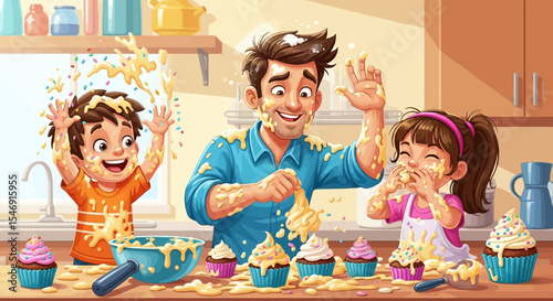 Father's day father and children baking cupcakes together having fun in the kitchen family time baking illustration vector