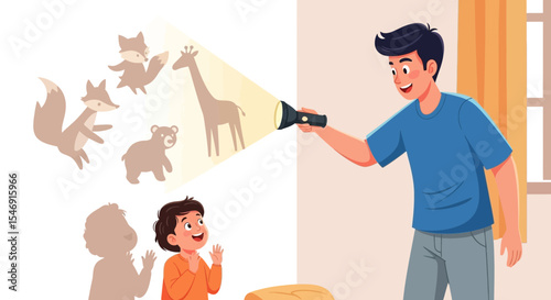 Father's day father and child playing shadow puppets with flashlight projector fun family activity illustration art design vector