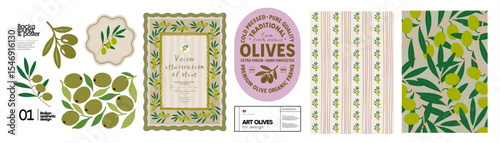 Olives. Summer italian and french mediterranean olive illustrations, vintage invitation, olive oil label, packaging, print, logo, seamless pattern for background, card and poster