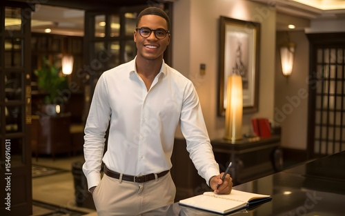 A polished young man, standing behind a hotel concierge desk with a guestbook and pen in hand