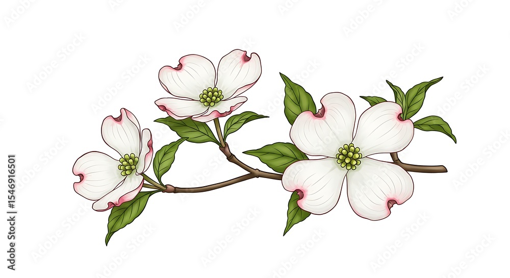 Obraz premium Flowering Branch with White Petals and Green Leaves on White